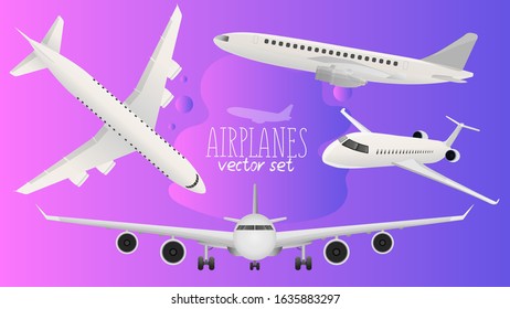 Airplane vector set. Aircraft from different angles.