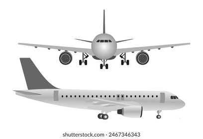 airplane vector set. airplane landing in front view and side view. vector illustration isolated on white background.