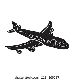 Airplane vector silhouette. Black and white illustration. Flat cartoon graphics. Traveling around the world art. 
