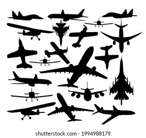 Airplane vector silhouette illustration isolated on white background. Jet plane airport symbol. Aircraft go to destination. Plane shadow. School of flying. Commercial flight. Military war jet fighter.