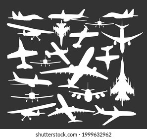 Airplane vector silhouette illustration isolated on black background. Jet plane airport symbol. Aircraft go to destination. Plane shadow. School of flying. Commercial flight. Military war jet fighter.