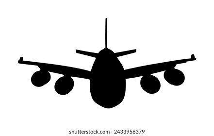 Airplane vector silhouette illustration isolated on white background. Jet plane leaves airport symbol. Aircraft go to destination. Plane shadow. 