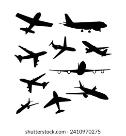 Airplane Vector Silhouette Isolated - Flying Aircraft,airliner,Aeroplane In Different Directions and angles