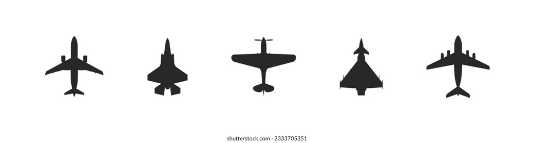 Conjunto de silueta vectorial del avión. Aeronaves con transporte aéreo, aviones de combate y recogida de carga.