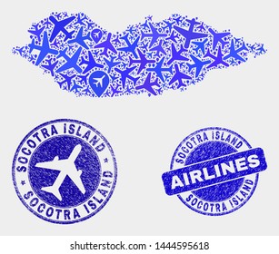 Airplane vector Socotra Island map composition and grunge stamps. Abstract Socotra Island map is designed from blue flat scattered airline symbols and map pointers. Delivery scheme in blue colors,