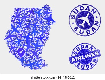 Airplane vector Sudan map mosaic and grunge seals. Abstract Sudan map is constructed from blue flat random aircraft symbols and map markers. Tourism plan in blue colors, and rounded seals.