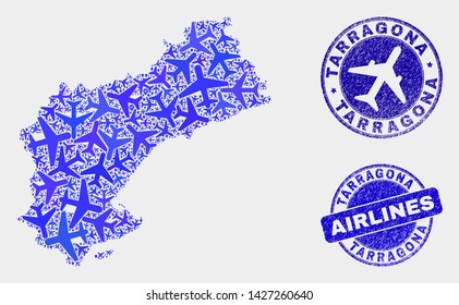 Airplane vector Tarragona Province map composition and grunge seals. Abstract Tarragona Province map is done of blue flat random airplane symbols and map pointers. Tourism scheme in blue colors,