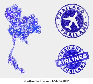 Airplane vector Thailand map composition and grunge seals. Abstract Thailand map is created from blue flat random airplane symbols and map locations. Shipping scheme in blue colors,