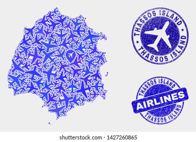 Airplane vector Thassos Island map collage and scratched seals. Abstract Thassos Island map is constructed with blue flat randomized airplane symbols and map locations. Shipping scheme in blue colors,