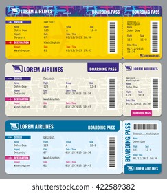 Airplane vector traveling tickets template. Ticket to airplane and flight ticket pass illustration