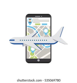 airplane vehicle and smartphone device with city map on screen over white background. colorful design. vector illustration