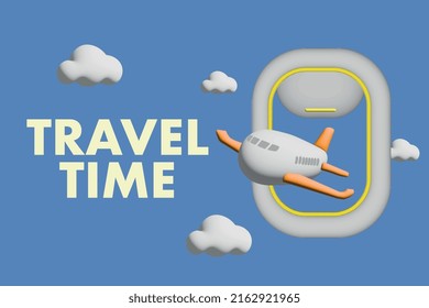 The airplane with a view from the window of the airplane. Travel Time background. 3d vector