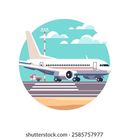 A airplane waits on the runway at an airport with a clear blue sky. Vector illustration in a minimalistic style.