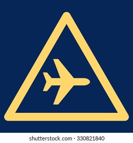 Airplane Warning vector icon. Style is flat yellow symbol, rounded angles, blue background.