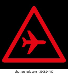 Airplane Warning vector icon. Style is flat red symbol, rounded angles, black background.