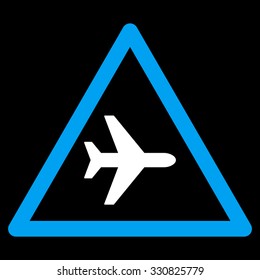 Airplane Warning vector icon. Style is flat bicolor blue and white symbol, rounded angles, black background.
