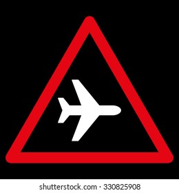 Airplane Warning vector icon. Style is flat bicolor red and white symbol, rounded angles, black background.