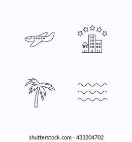 Airplane, waves and palm tree icons. Hotel linear sign. Flat linear icons on white background. Vector