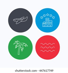 Airplane, waves and palm tree icons. Hotel linear sign. Linear icons on colored buttons. Flat web symbols. Vector
