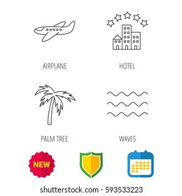 Airplane, waves and palm tree icons. Hotel linear sign. Shield protection, calendar and new tag web icons. Vector