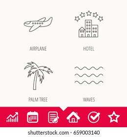 Airplane, waves and palm tree icons. Hotel linear sign. Edit document, Calendar and Graph chart signs. Star, Check and House web icons. Vector