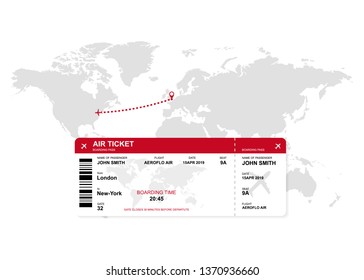 Airplane way. World map with ticket