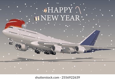 An airplane wearing a Santa Claus hat against the backdrop of falling snow. Vector.