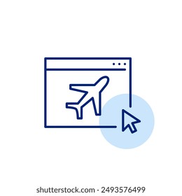 Airplane, web page and mouse click. Online ticket purchase, flight information access. Pixel perfect, editable stroke icon