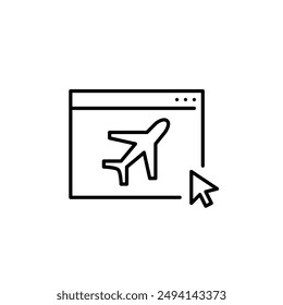 Airplane, web page and mouse click. Online ticket purchase, flight information access. Pixel perfect vector icon