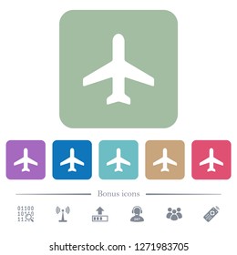 Airplane white flat icons on color rounded square backgrounds. 6 bonus icons included