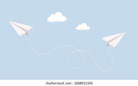 Airplane. White paper airplane with shadow in the sky. Airplane on a blue background. Way, direction. 3D Vector Illustrations. Web banner