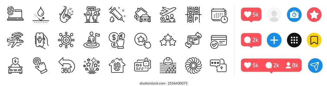 Airplane wifi, Build and Fireworks stars line icons pack. Social media icons. Home charging, Fingerprint access, Computer fingerprint web icon. Music app, Card, Medical syringe pictogram. Vector