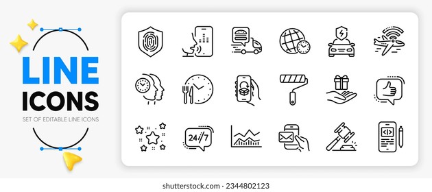 Airplane wifi, Stars and Paint roller line icons set for app include Trade infochart, 24h service, Food time outline thin icon. Like, Messenger mail, Loyalty program pictogram icon. Vector