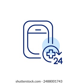 Airplane window, 24 hour symbol and cross. Non-stop medical attention. Travel health services. Pixel perfect, editable stroke icon 