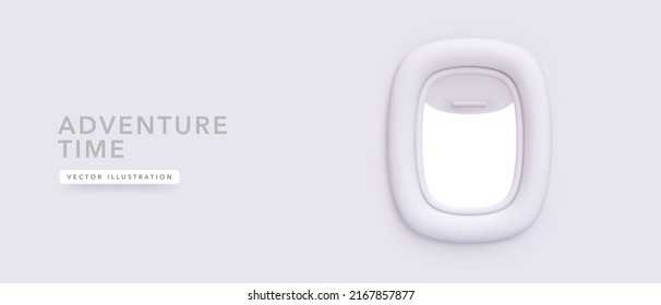 Airplane window in 3d realistic style isolated on light pastel background. Vector illustration