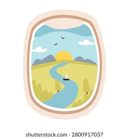 Airplane window with aerial view of mountains, river, and clouds. Travel and aviation concept featuring a scenic flight landscape.