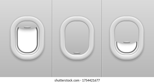 Airplane window. Aircraft illuminator. Open and closed, plastic and glass plane windows, realistic mockup for airline vector flight concept