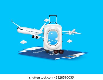 Airplane window attached to luggage bag and cloud on passport air ticket. Front there is airplane taking off. Can for making advertising media about tourism. Travel summer transport. 3D Vector EPS10.