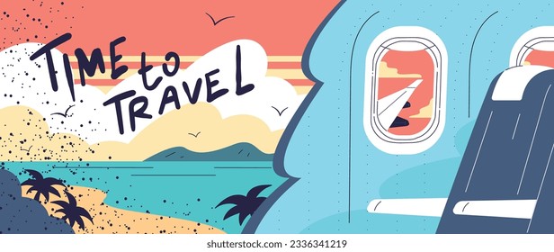 Airplane window banner. Sky view plane porthole flight, airline ad creative flyer new travel space dreams traveller vacation concept journey tour trip, vector illustration of flight aircraft travel