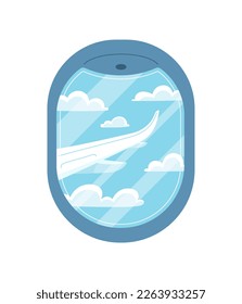 Airplane window with blue sky. View outside plane. Travel and tourism, flights. Graphic elements for website. Aircraft wing from inside cabin. Cartoon flat vector illustration