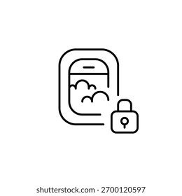 Ventana de avión con nubes y cerradura. Viaje seguro. Icono de Vector de trazo perfecto y editable