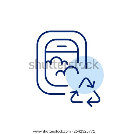 Airplane window with clouds and recycling arrows. Sustainable eco-friendly travel habits. Pixel perfect vector icon