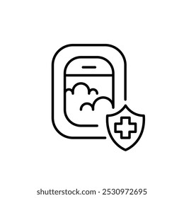 Airplane window with clouds and shield with medical cross. Global traveler health insurance, flight safety. Pixel perfect, editable stroke icon