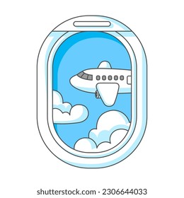 Airplane window with clouds. Travel illustration and tourism item.