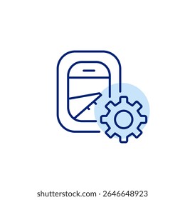Airplane window and cogwheel. Maintenance, flight operations setup, aircraft system tuning, aviation technology settings, mechanical flight control. Pixel perfect, editable stroke vector icon