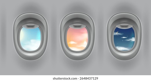 Janela do avião com vista para o céu de dia, noite e pôr do sol. Porthole com vidro aberto de dentro. Janela interior do avião de voo e vigia da fuselagem. Ilustração vetorial realista de iluminador com nuvens