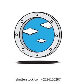 airplane window and day sky view, vector logo icon