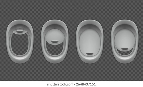 Janela do avião em diferentes posições dentro da vista. Janela interior do avião de voo e vigia de vidro da fuselagem. Ilustrações vetoriais realistas conjunto de iluminador isolado no fundo transparente