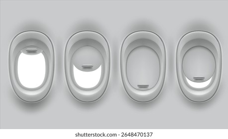 Airplane window in different positions inside view. Realistic vector illustrations set of illuminators close and open. Flight plane interior window and fuselage glass portholes