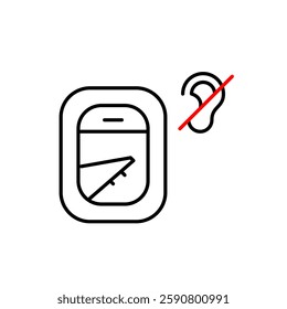 Airplane window and ear crossed. Quiet flight, no in-flight announcements. Hearing-impaired travel accessibility. Pixel perfect, editable stroke vector icon